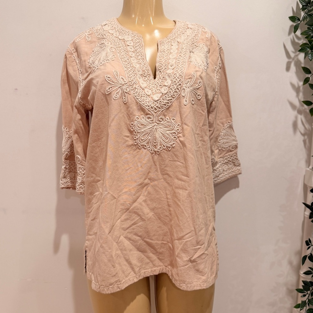 Calypso St. Barth Embroidered Tunic Top Sz S Khaki Cotton Euro Summer Coverup